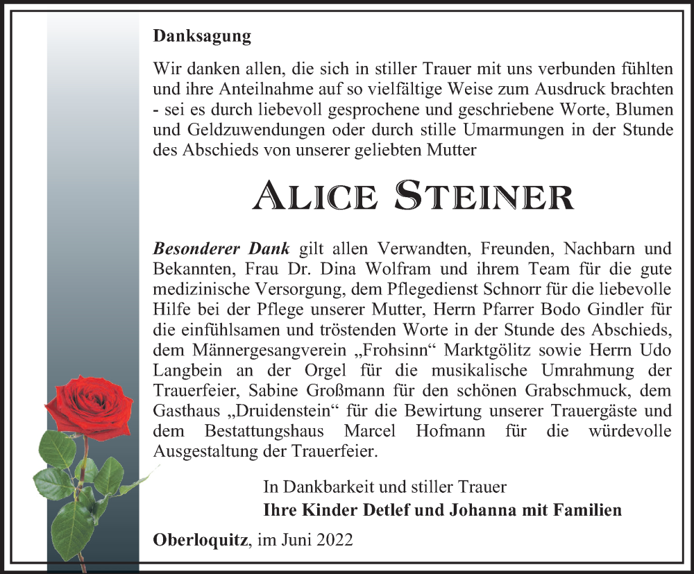 Traueranzeige für Alice Steiner vom 25.06.2022 aus Ostthüringer Zeitung