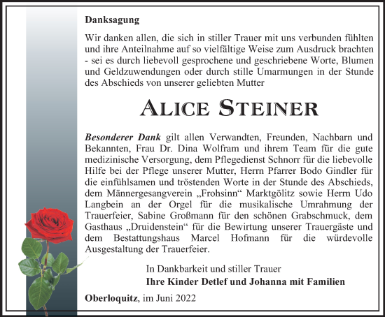 Traueranzeige von Alice Steiner von Ostthüringer Zeitung