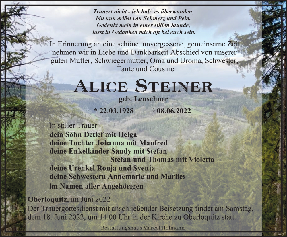  Traueranzeige für Alice Steiner vom 11.06.2022 aus Ostthüringer Zeitung