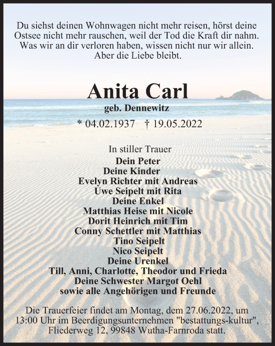 Traueranzeige von Anita Carl von Thüringer Allgemeine, Thüringische Landeszeitung