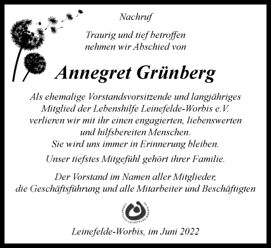 Traueranzeige von Annegret Grünberg von Thüringer Allgemeine