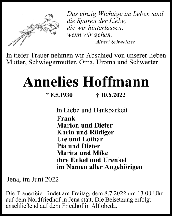 Traueranzeige von Annelies Hoffmann von Ostthüringer Zeitung, Thüringische Landeszeitung