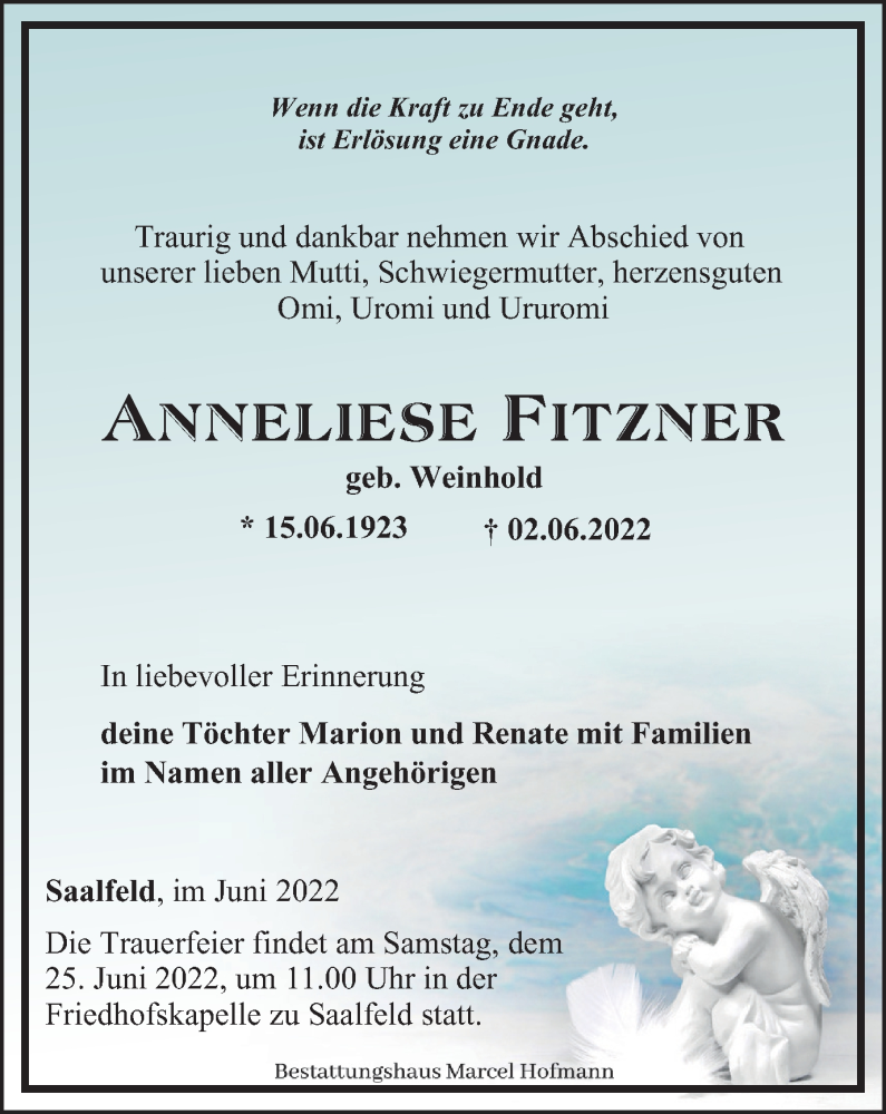  Traueranzeige für Anneliese Fitzner vom 18.06.2022 aus Ostthüringer Zeitung