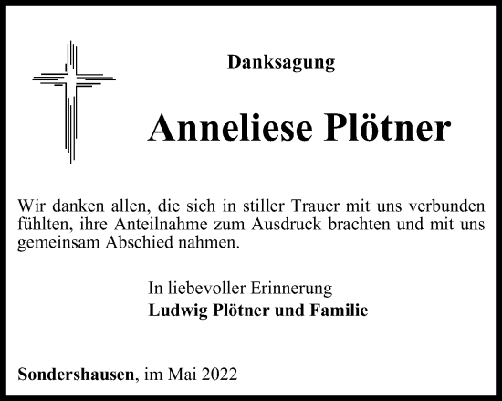 Traueranzeige von Anneliese Plötner