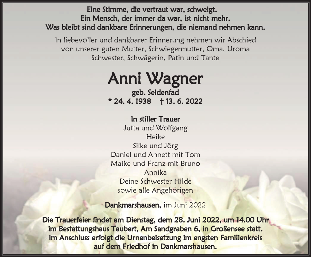  Traueranzeige für Anni Wagner vom 21.06.2022 aus Thüringer Allgemeine, Thüringische Landeszeitung