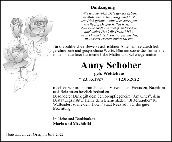 Traueranzeige von Anny Schober