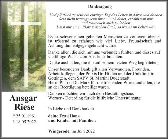 Traueranzeige von Ansgar Riese von Thüringer Allgemeine