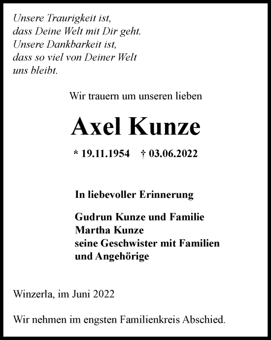 Traueranzeige von Axel Kunze von Ostthüringer Zeitung, Thüringische Landeszeitung