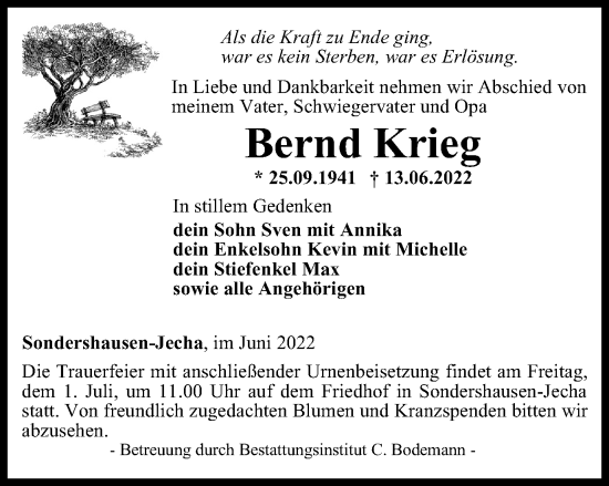 Traueranzeige von Bernd Krieg