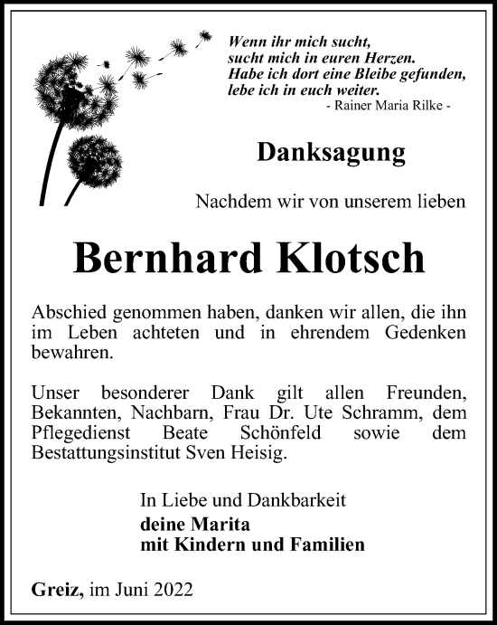 Traueranzeige von Bernhard Klotsch von Ostthüringer Zeitung