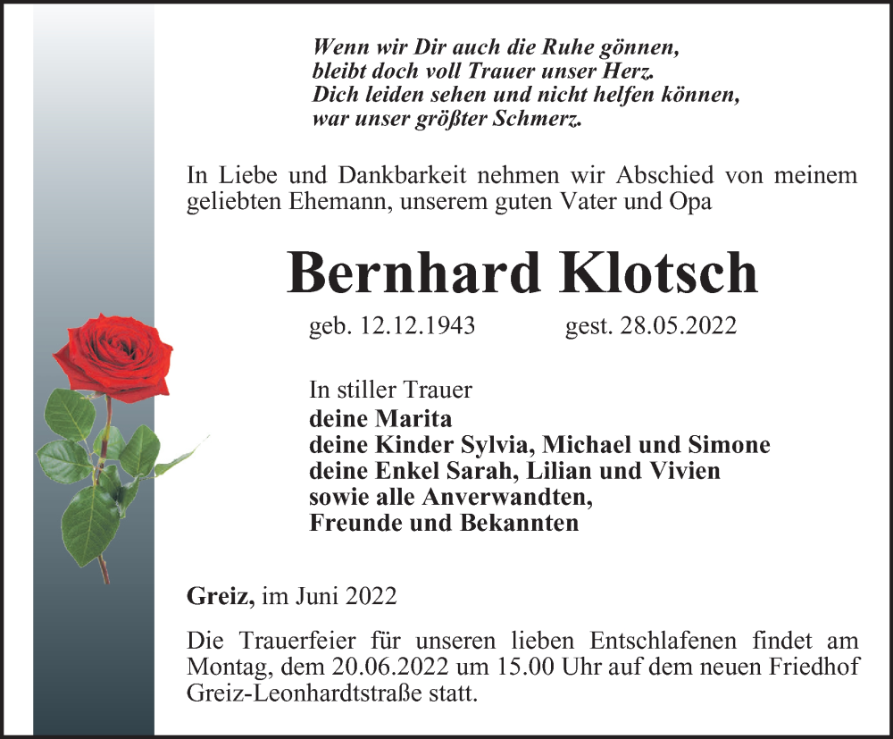  Traueranzeige für Bernhard Klotsch vom 03.06.2022 aus Ostthüringer Zeitung