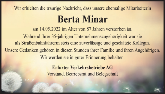 Traueranzeige von Berta Minar von Thüringer Allgemeine, Thüringische Landeszeitung
