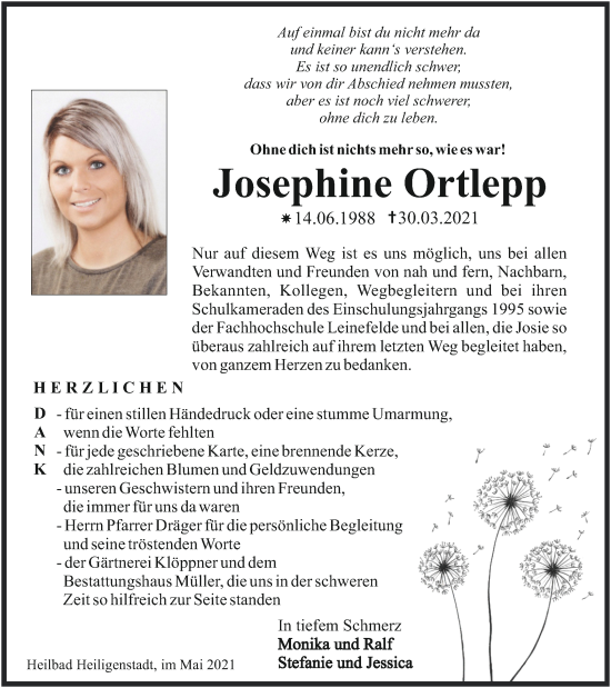 Traueranzeige von Josephine Ortlepp von Thüringer Allgemeine