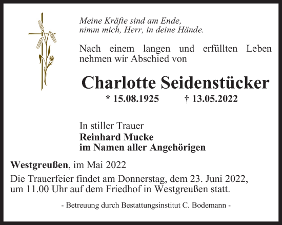 Traueranzeige von Charlotte Seidenstücker von Thüringer Allgemeine