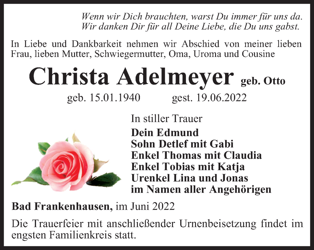  Traueranzeige für Christa Adelmeyer vom 25.06.2022 aus Thüringer Allgemeine