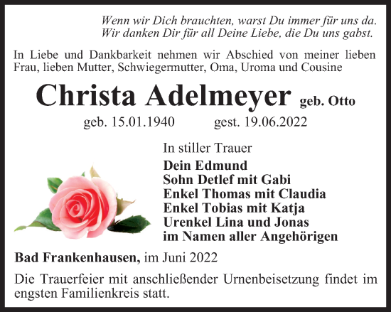Traueranzeige von Christa Adelmeyer von Thüringer Allgemeine