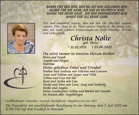 Traueranzeige von Christa Nolte von Thüringer Allgemeine