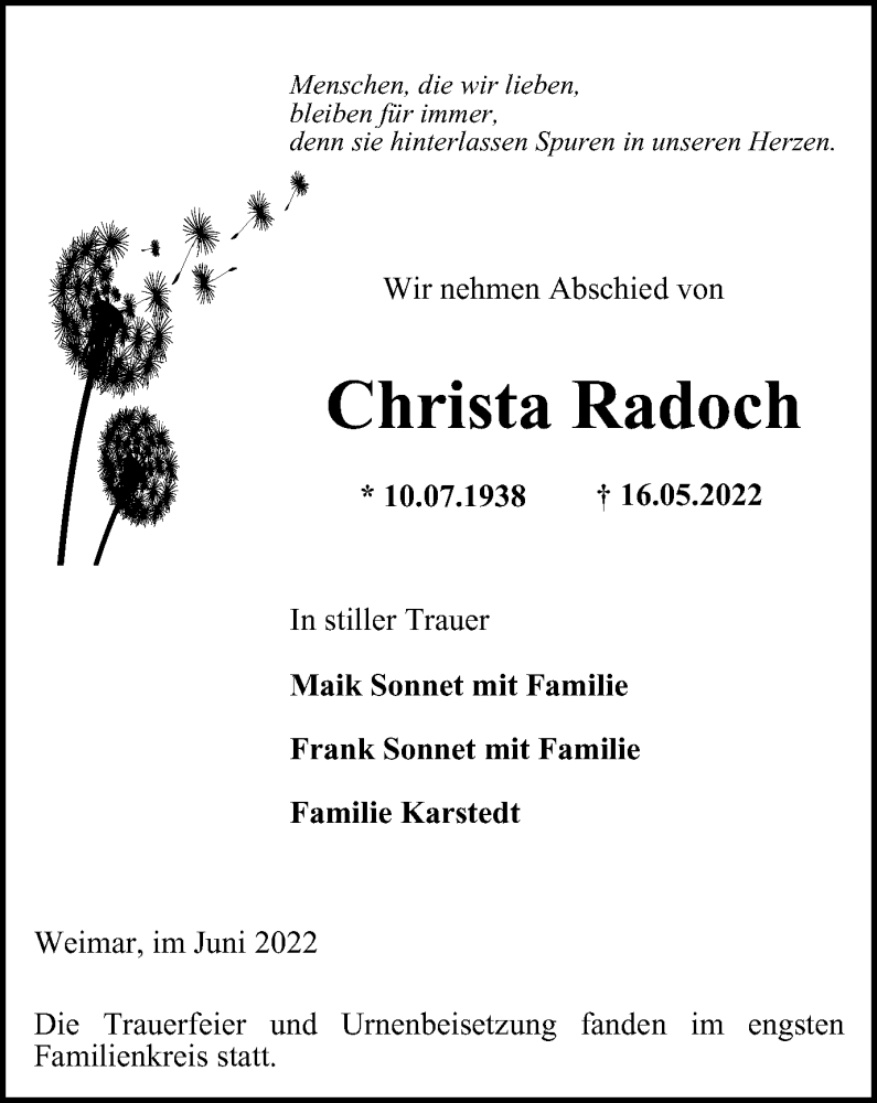  Traueranzeige für Christa Radoch vom 11.06.2022 aus Thüringer Allgemeine, Thüringische Landeszeitung