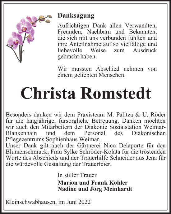 Traueranzeige von Christa Romstedt von Thüringer Allgemeine, Thüringische Landeszeitung