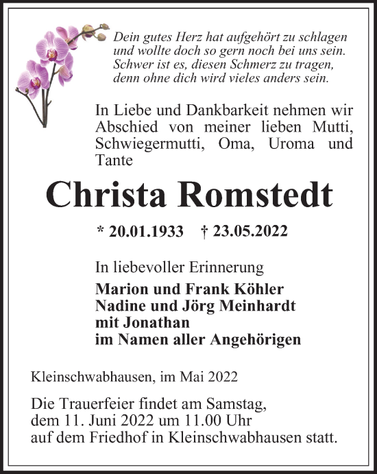 Traueranzeige von Christa Romstedt von Thüringer Allgemeine, Thüringische Landeszeitung