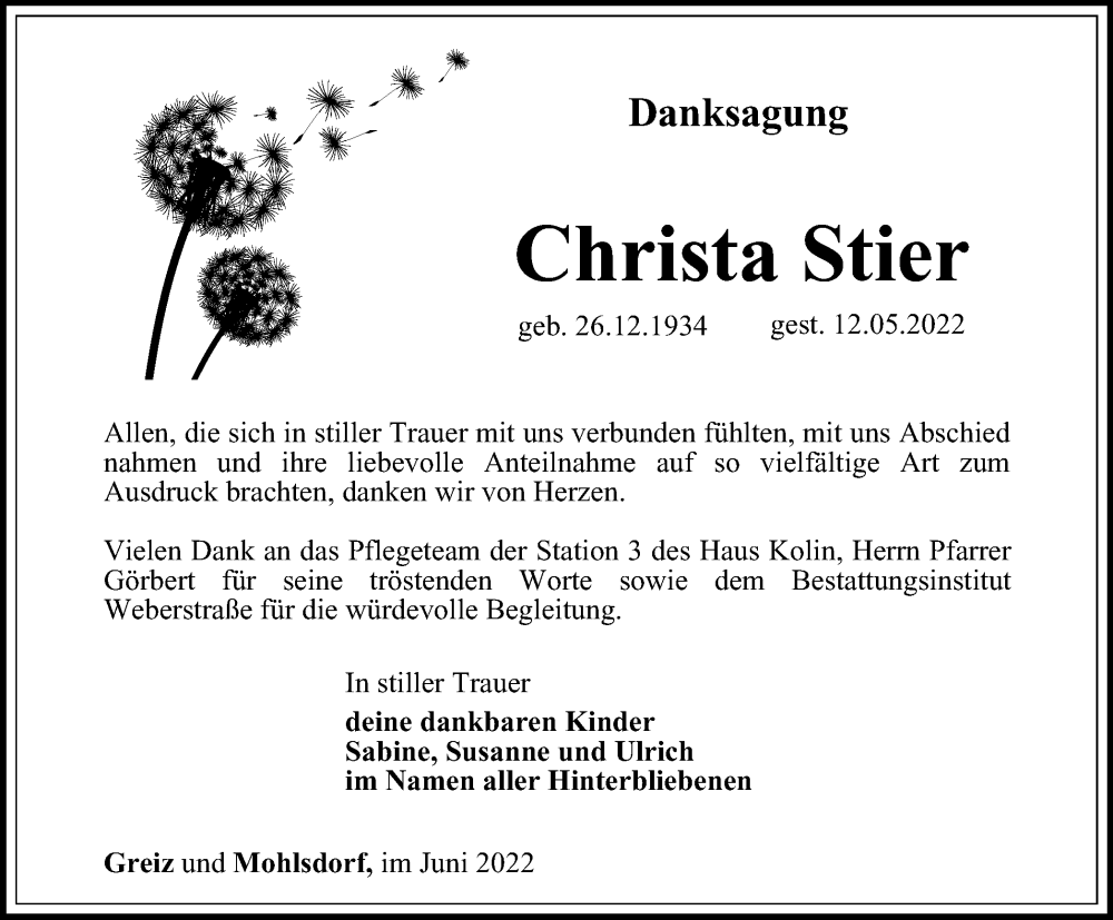  Traueranzeige für Christa Stier vom 03.06.2022 aus Ostthüringer Zeitung