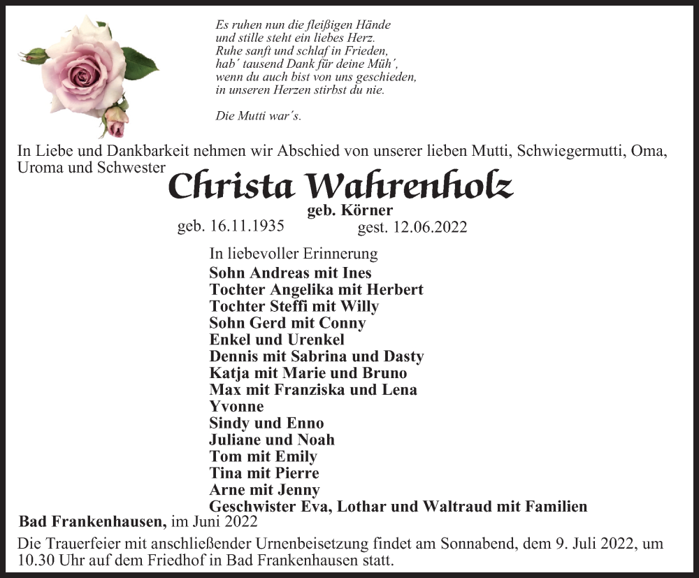  Traueranzeige für Christa Wahrenholz vom 25.06.2022 aus Thüringer Allgemeine