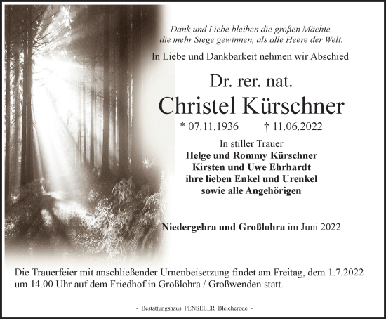Traueranzeige von Christel Kürschner von Thüringer Allgemeine