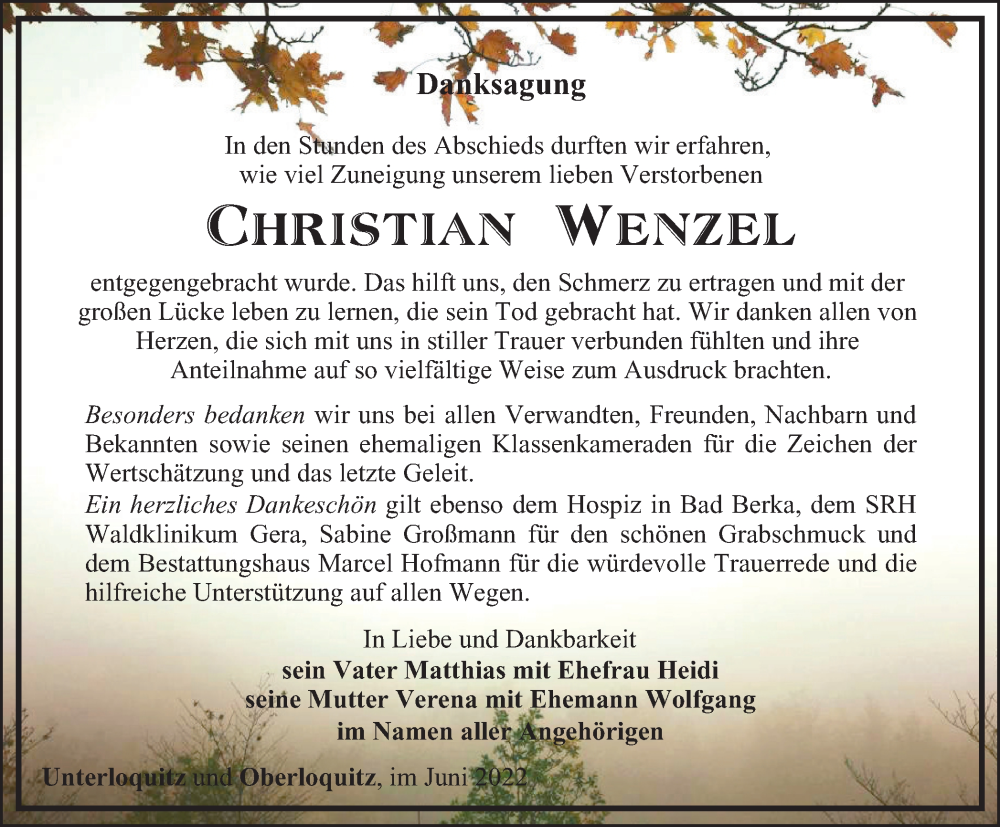  Traueranzeige für Christian Wenzel vom 11.06.2022 aus Ostthüringer Zeitung
