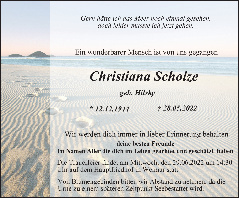  Traueranzeige für Christiana Scholze vom 25.06.2022 aus Thüringer Allgemeine