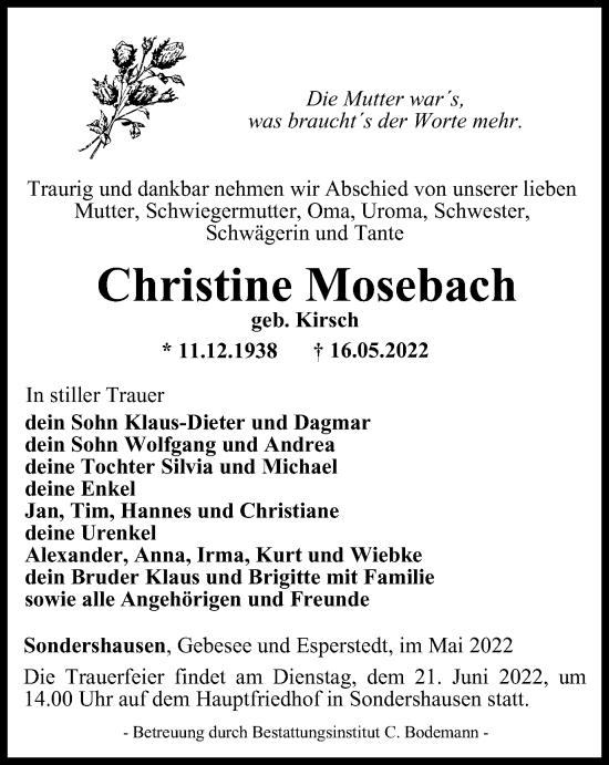 Traueranzeige von Christine Mosebach von Thüringer Allgemeine