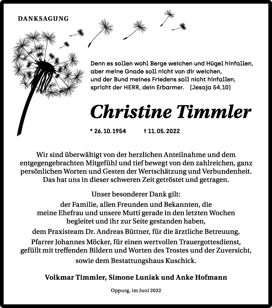  Traueranzeige für Christine Timmler vom 11.06.2022 aus Ostthüringer Zeitung