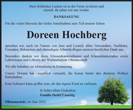Traueranzeige von Doreen Hochberg von Thüringer Allgemeine, Thüringische Landeszeitung