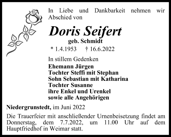 Traueranzeige von Doris Seifert von Thüringer Allgemeine, Thüringische Landeszeitung