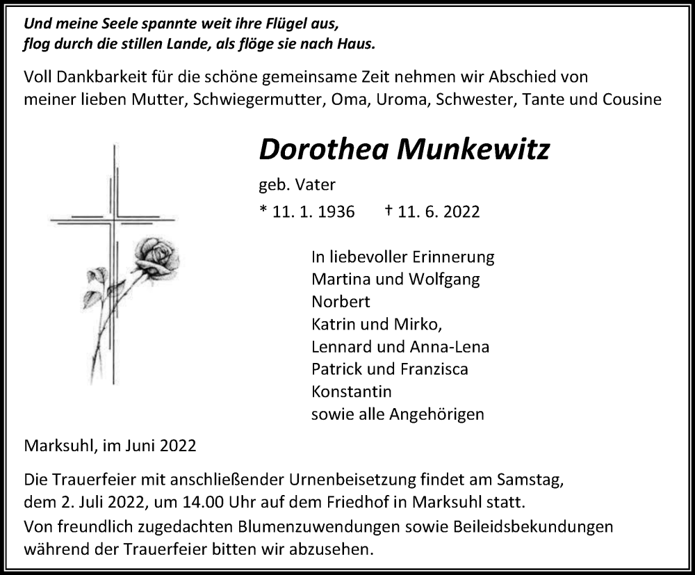  Traueranzeige für Dorothea Munkewitz vom 25.06.2022 aus Thüringer Allgemeine, Thüringische Landeszeitung