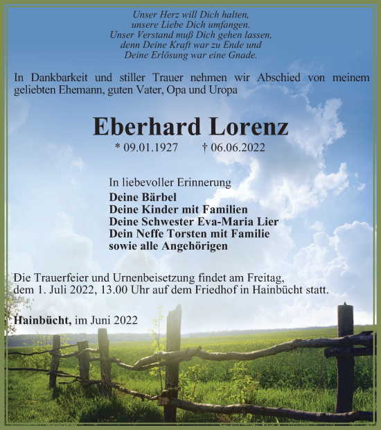 Traueranzeige von Eberhard Lorenz von Ostthüringer Zeitung