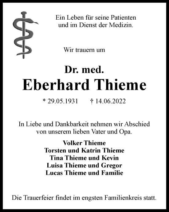 Traueranzeige von Eberhard Thieme von Ostthüringer Zeitung