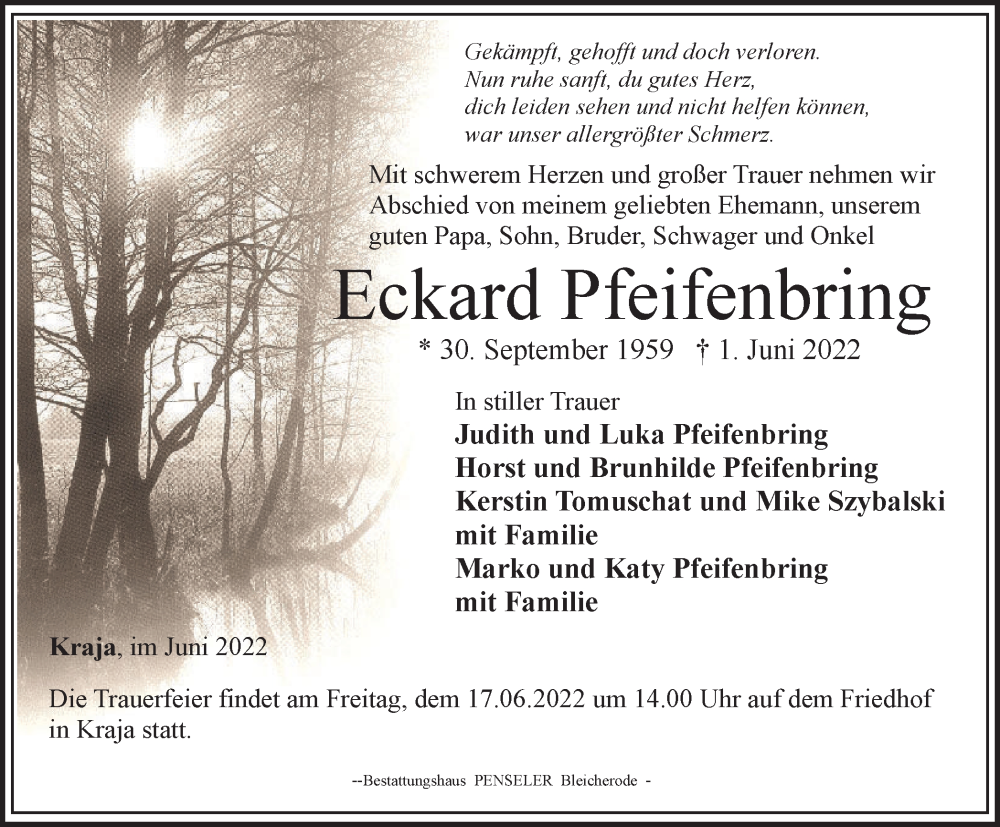  Traueranzeige für Eckard Pfeifenbring vom 11.06.2022 aus Thüringer Allgemeine