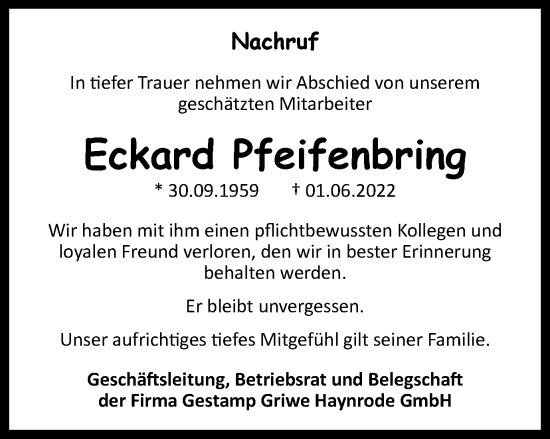 Traueranzeige von Eckard Pfeifenbring von Thüringer Allgemeine