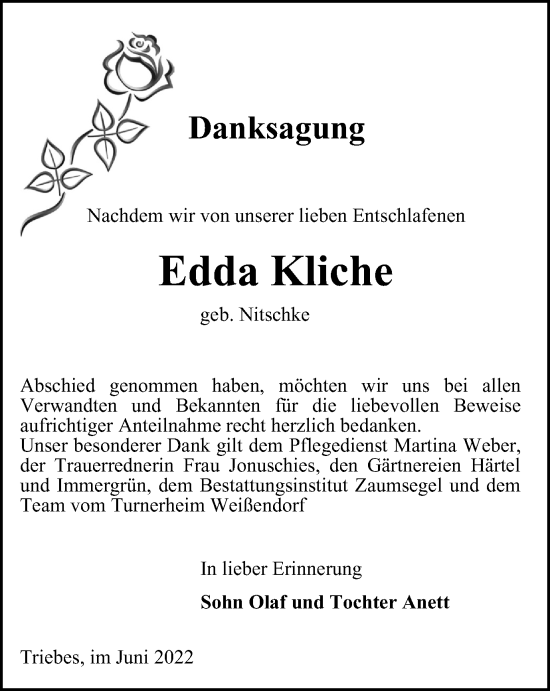 Traueranzeige von Edda Kliche von Ostthüringer Zeitung