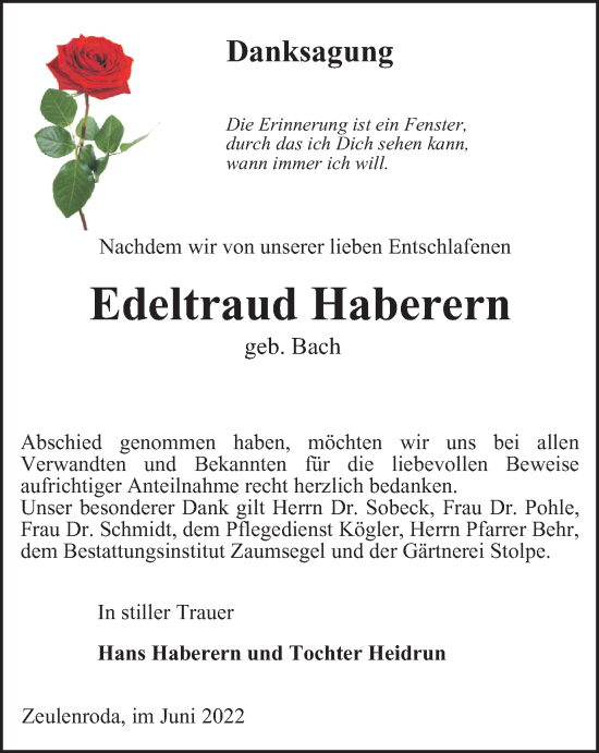 Traueranzeige von Edeltraud Haberern von Ostthüringer Zeitung