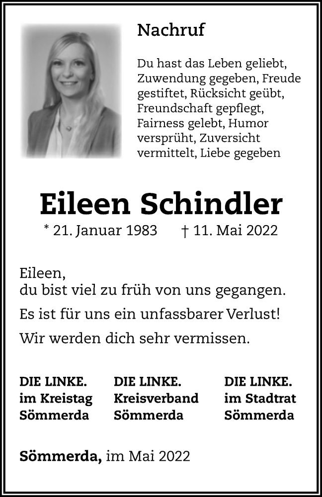  Traueranzeige für Eileen Schindler vom 02.06.2022 aus Thüringer Allgemeine