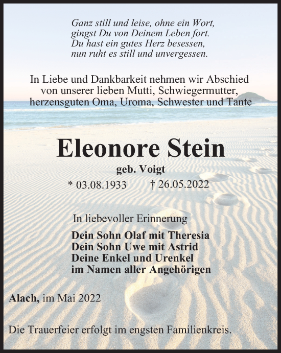 Traueranzeige von Eleonore Stein von Thüringer Allgemeine, Thüringische Landeszeitung