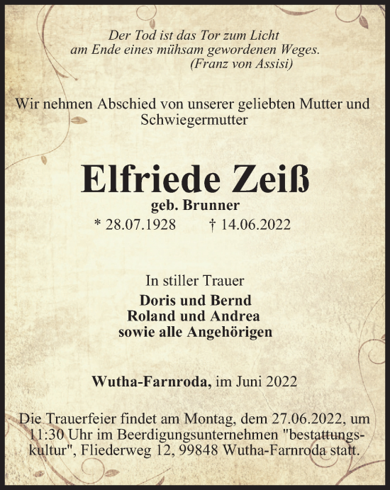 Traueranzeige von Elfriede Zeiß von Thüringer Allgemeine, Thüringische Landeszeitung