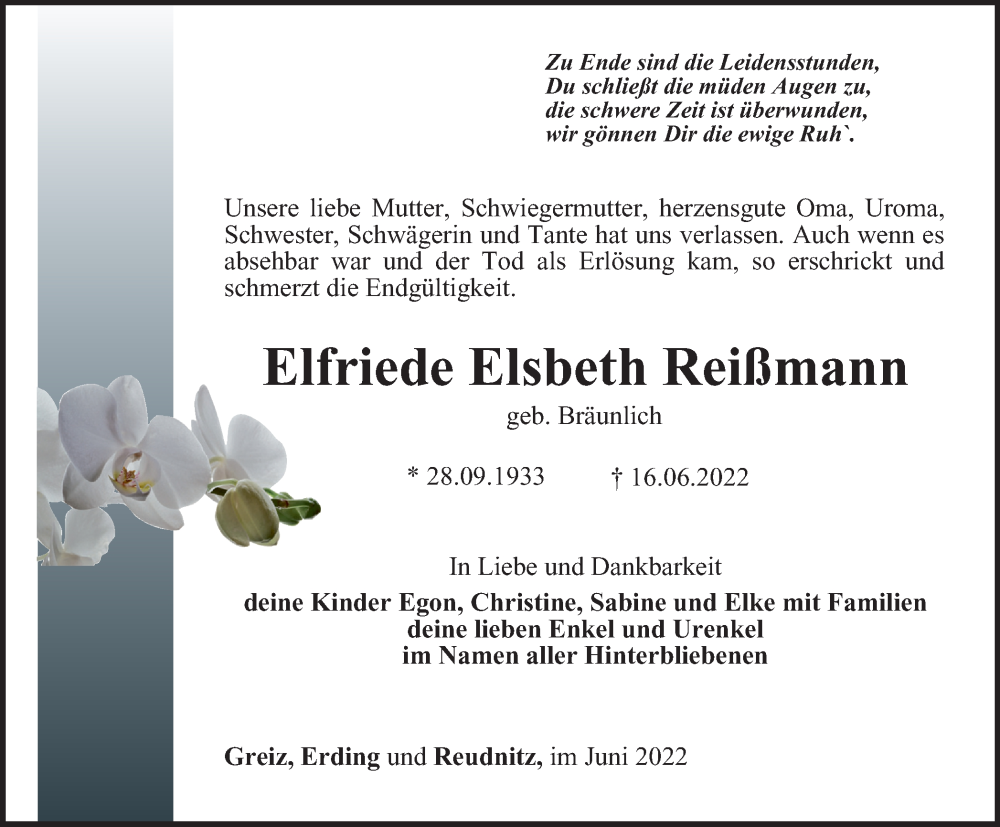  Traueranzeige für Elfriede Elsbeth Reißmann vom 24.06.2022 aus Ostthüringer Zeitung