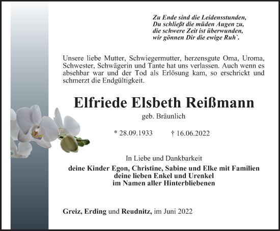 Traueranzeige von Elfriede Elsbeth Reißmann von Ostthüringer Zeitung