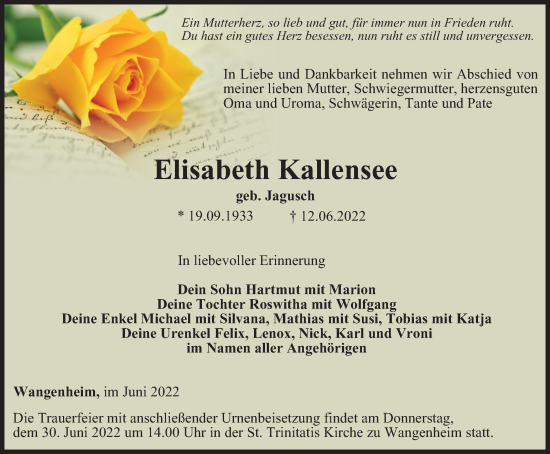 Traueranzeige von Elisabeth Kallensee von Thüringer Allgemeine, Thüringische Landeszeitung