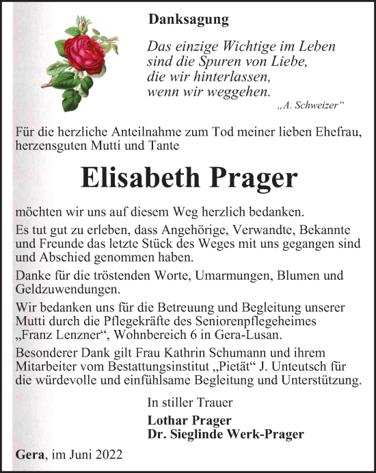 Traueranzeige von Elisabeth Prager von Ostthüringer Zeitung