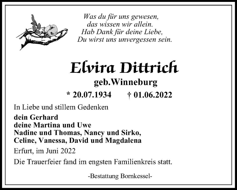  Traueranzeige für Elvira Dittrich vom 13.06.2022 aus Thüringer Allgemeine, Thüringische Landeszeitung