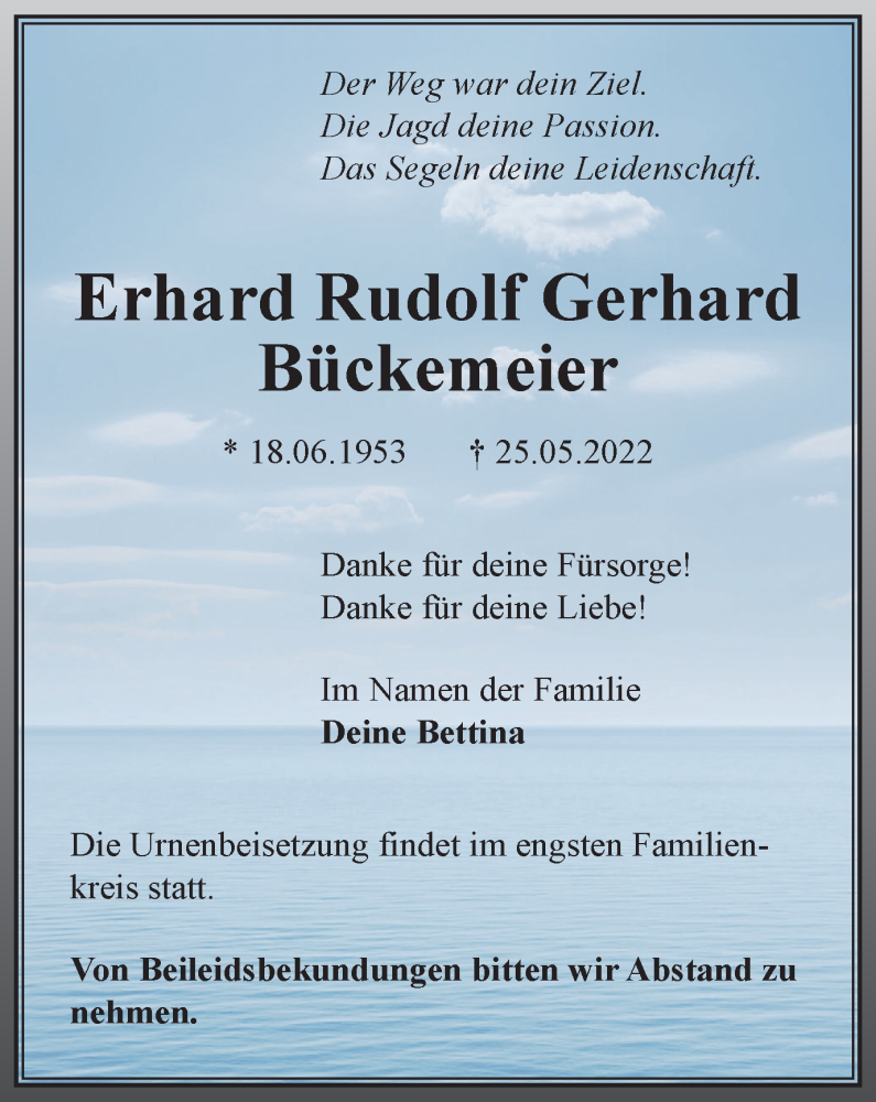  Traueranzeige für Erhard Rudolf Gerhard Bückemeier vom 01.06.2022 aus Ostthüringer Zeitung, Thüringische Landeszeitung
