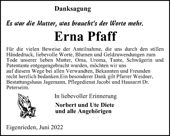 Traueranzeige von Erna Pfaff von Thüringer Allgemeine, Thüringische Landeszeitung